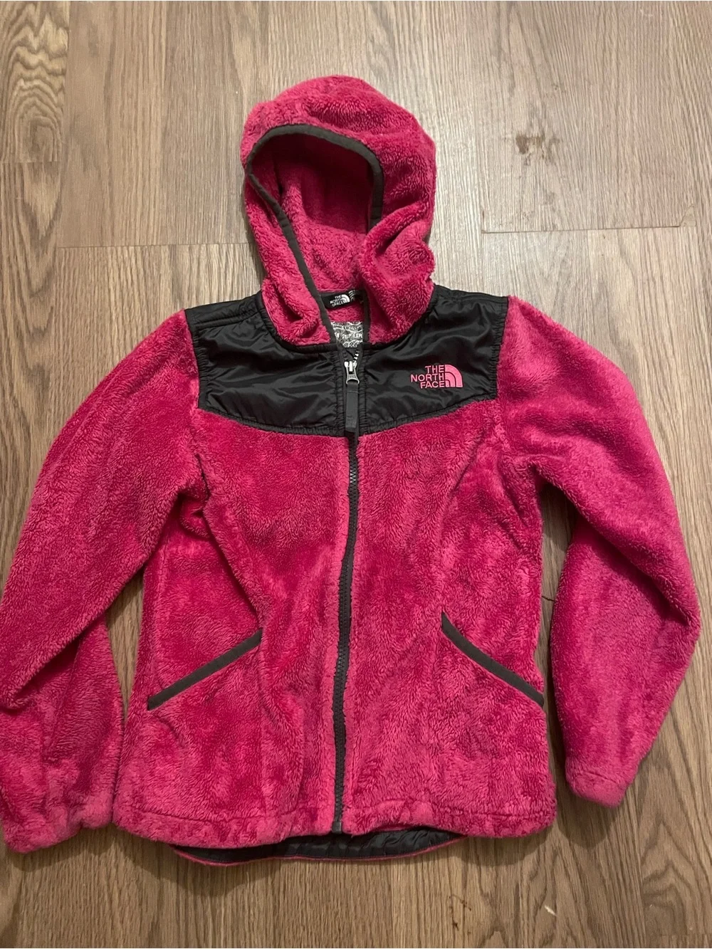 The North Face Girls' Hot Pink Hooded Fleece Jacket with Black Yoke